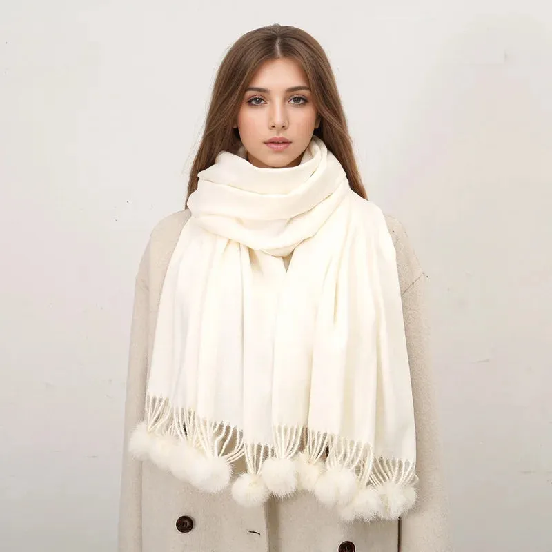 Women Warm Rabbit Fur Ball Thick Cashmere Pompom Oversize Blanket Scarf