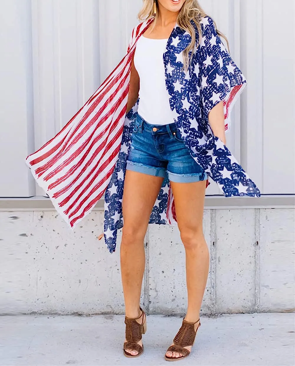 Women's American Flag Kimono Cover Up Lightweight Patriotic