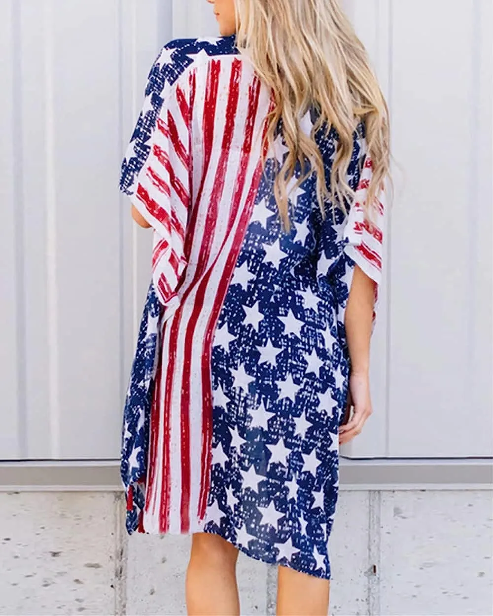 Women's American Flag Kimono Cover Up Lightweight Patriotic