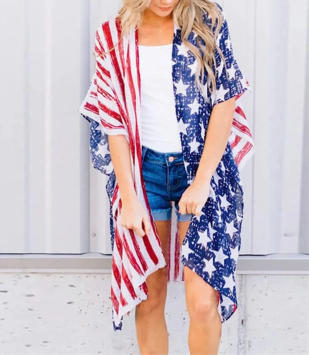 Women's American Flag Kimono Cover Up Lightweight Patriotic