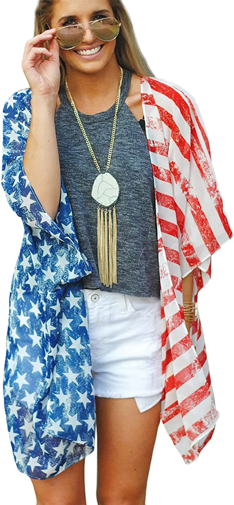 Women's American Flag Kimono Cover Up Lightweight Patriotic