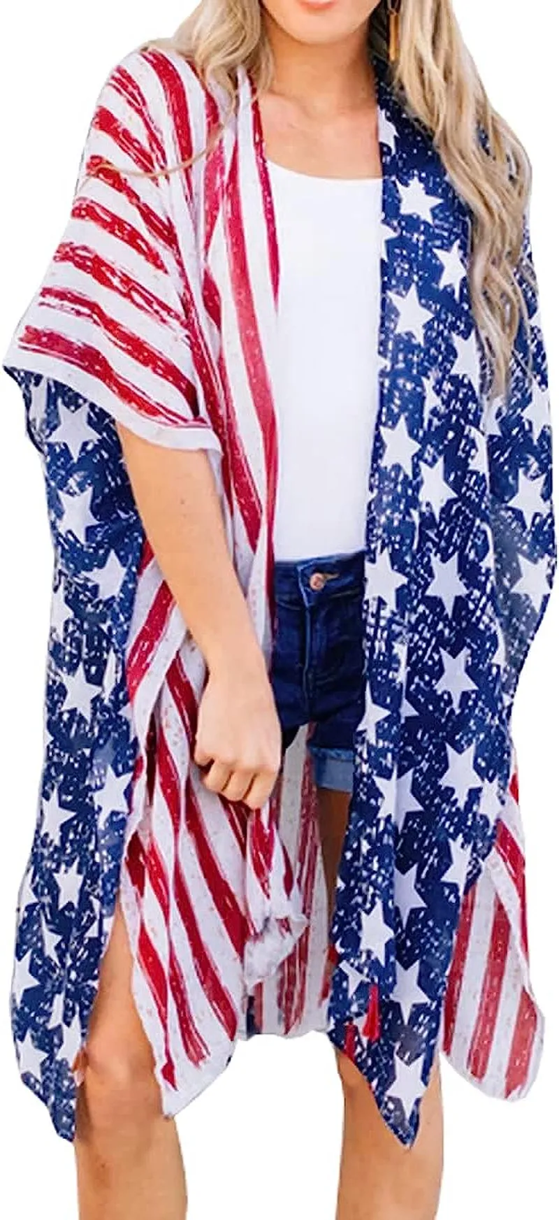 Women's American Flag Kimono Cover Up Lightweight Patriotic