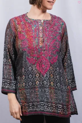 Women's Embroidered Silk Tunic Top in Fuchsia