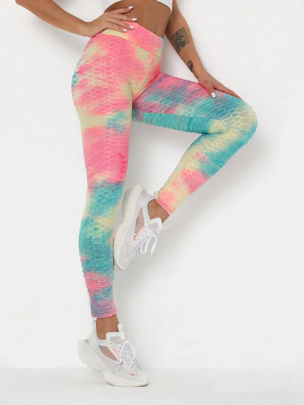 Women's ink jacquard tie-dye bubble fitness trousers