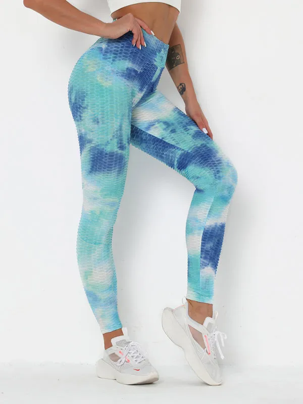 Women's ink jacquard tie-dye bubble fitness trousers