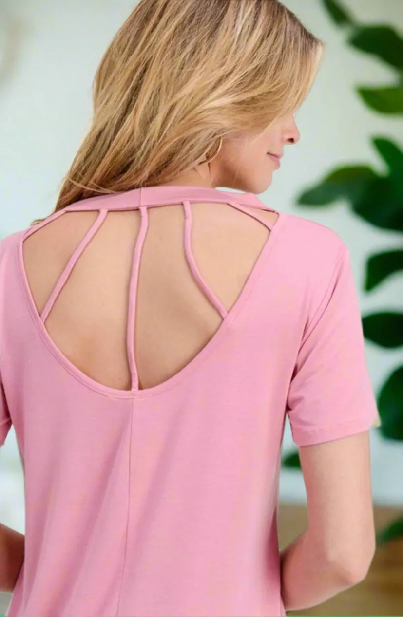 Womens Pink Top | Short Sleeve Shirt | Strappy Back Shirt