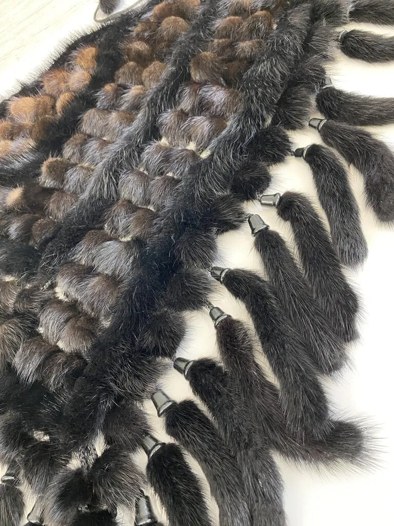 Women’s Real Fur Shawl/Shrug Black/Brown Crocheted Unique! /roh