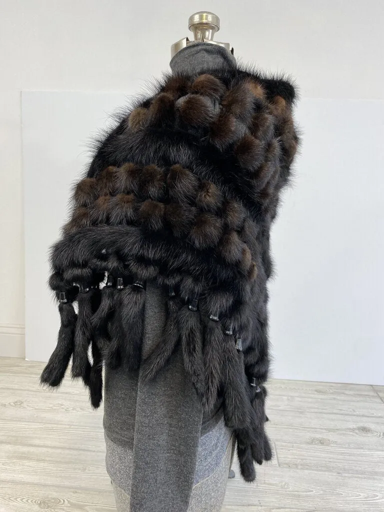 Women’s Real Fur Shawl/Shrug Black/Brown Crocheted Unique! /roh