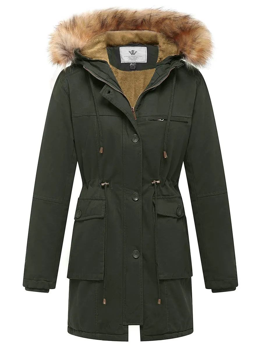 Women's Winter Thicken Fleece Jacket Fur Hooded Military Parka Coat