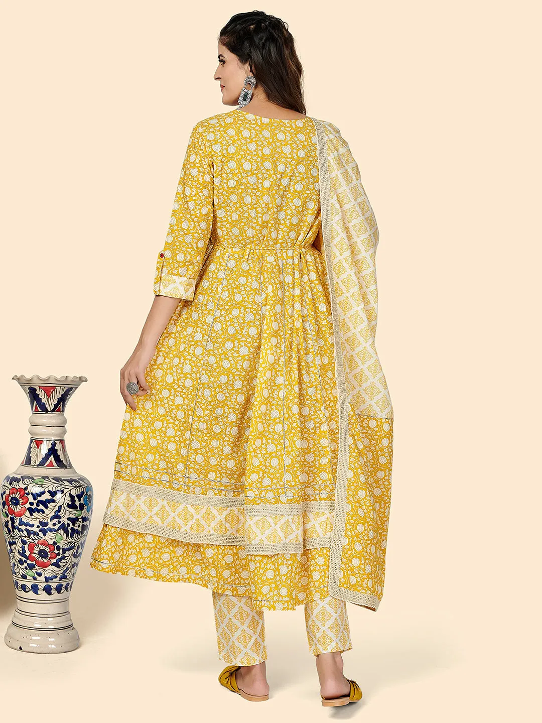 Women'S Yellow Anarkali Kurta & Pant With Dupatta- (3Pcs Set)