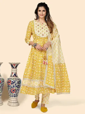 Women'S Yellow Anarkali Kurta & Pant With Dupatta- (3Pcs Set)