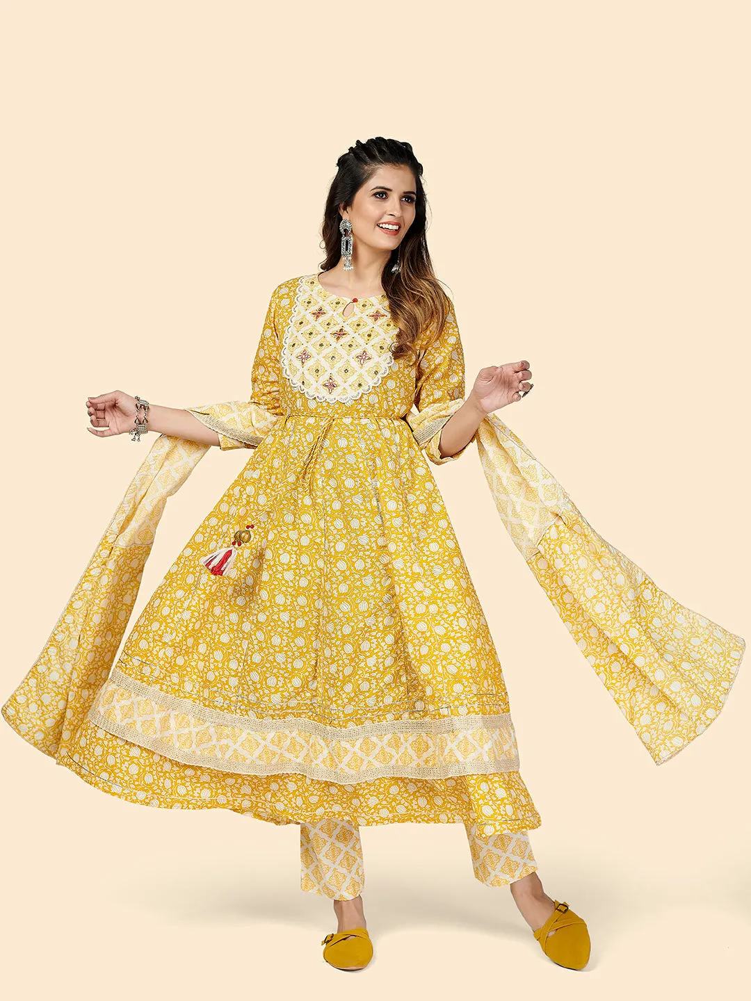 Women'S Yellow Anarkali Kurta & Pant With Dupatta- (3Pcs Set)