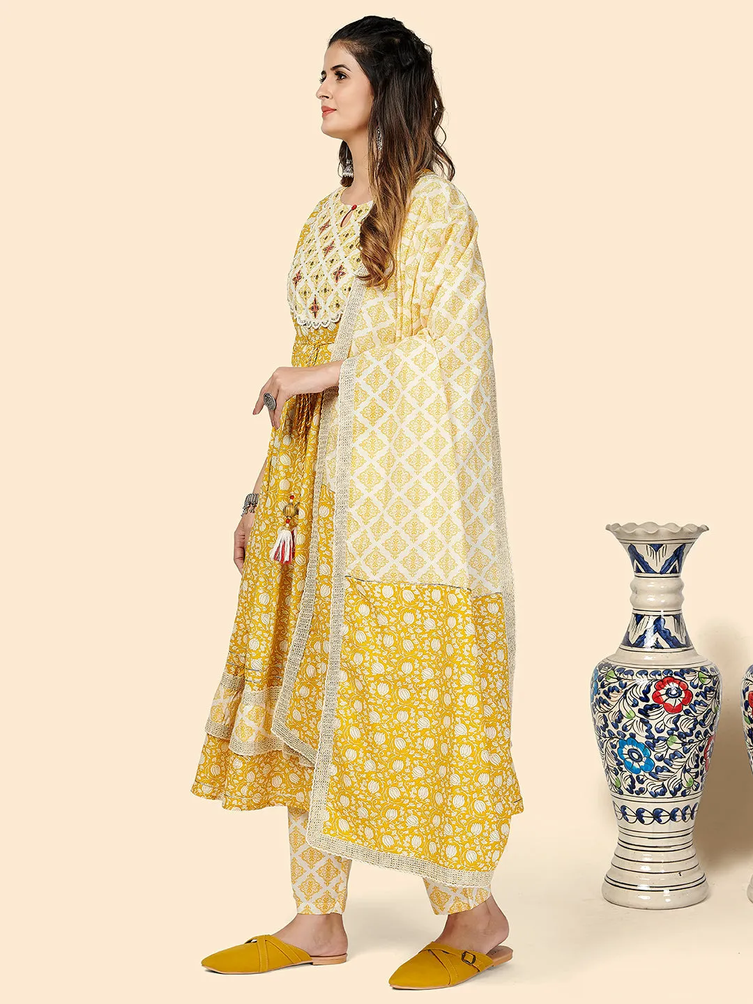 Women'S Yellow Anarkali Kurta & Pant With Dupatta- (3Pcs Set)