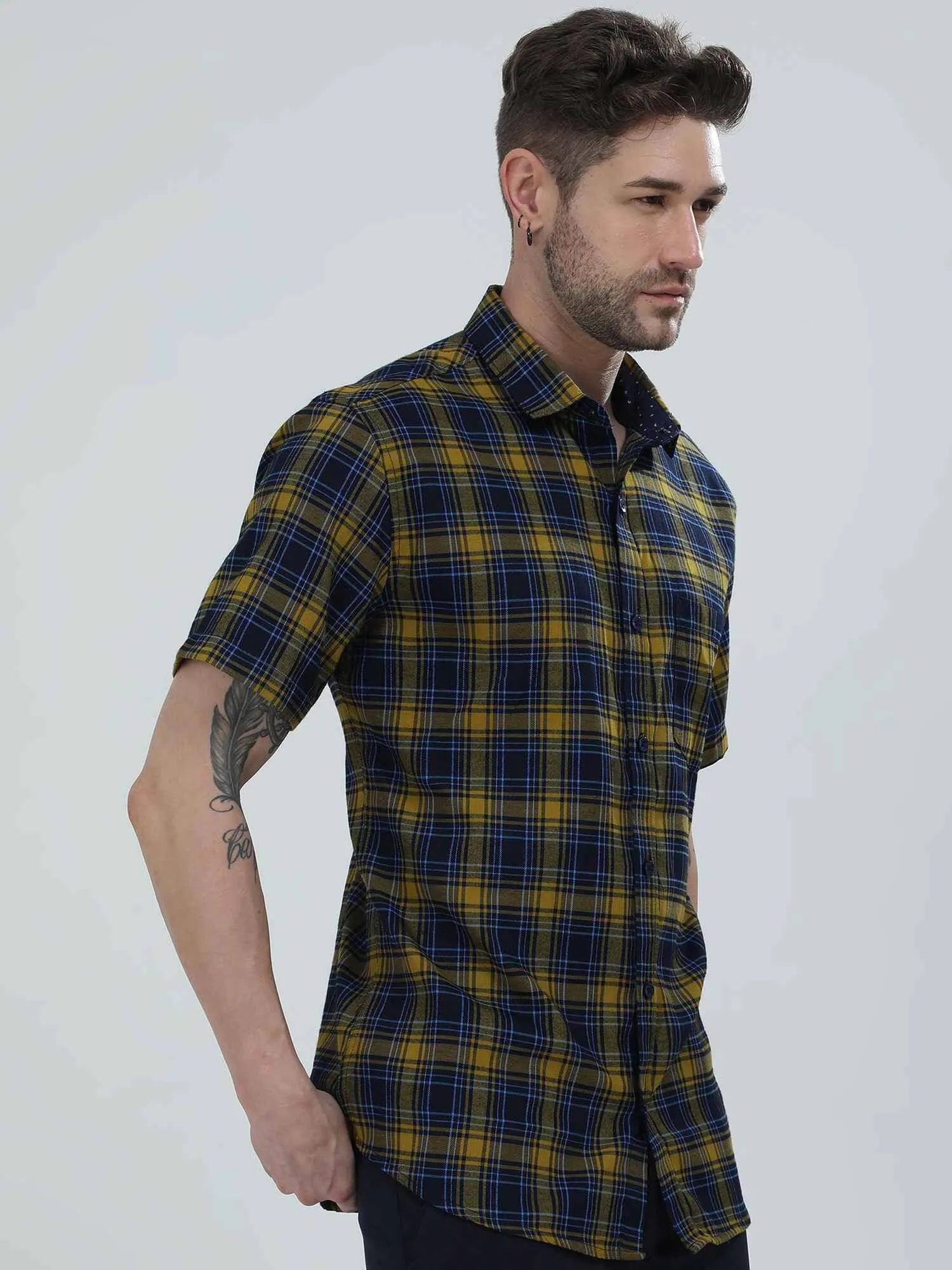 Yellow and Navy Blue Checkered Shirt